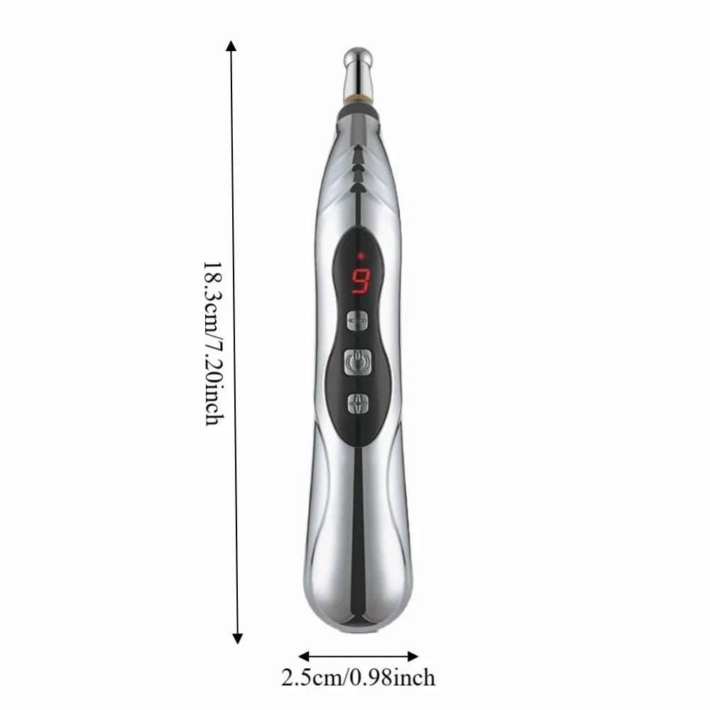 Silver electric acupressure massage pen dimensions: 18.3 cm length, 2.5 cm width, with 9 intensity levels