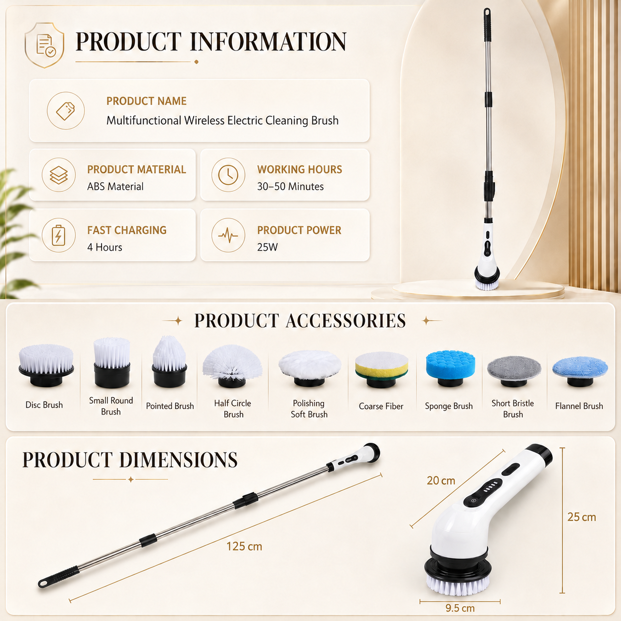 Spin scrubber spec sheet showing brush-head accessories and product dimensions