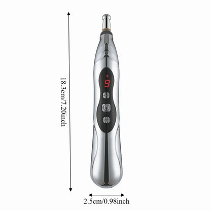 Silver electric acupressure massage pen dimensions: 18.3 cm length, 2.5 cm width, with 9 intensity levels