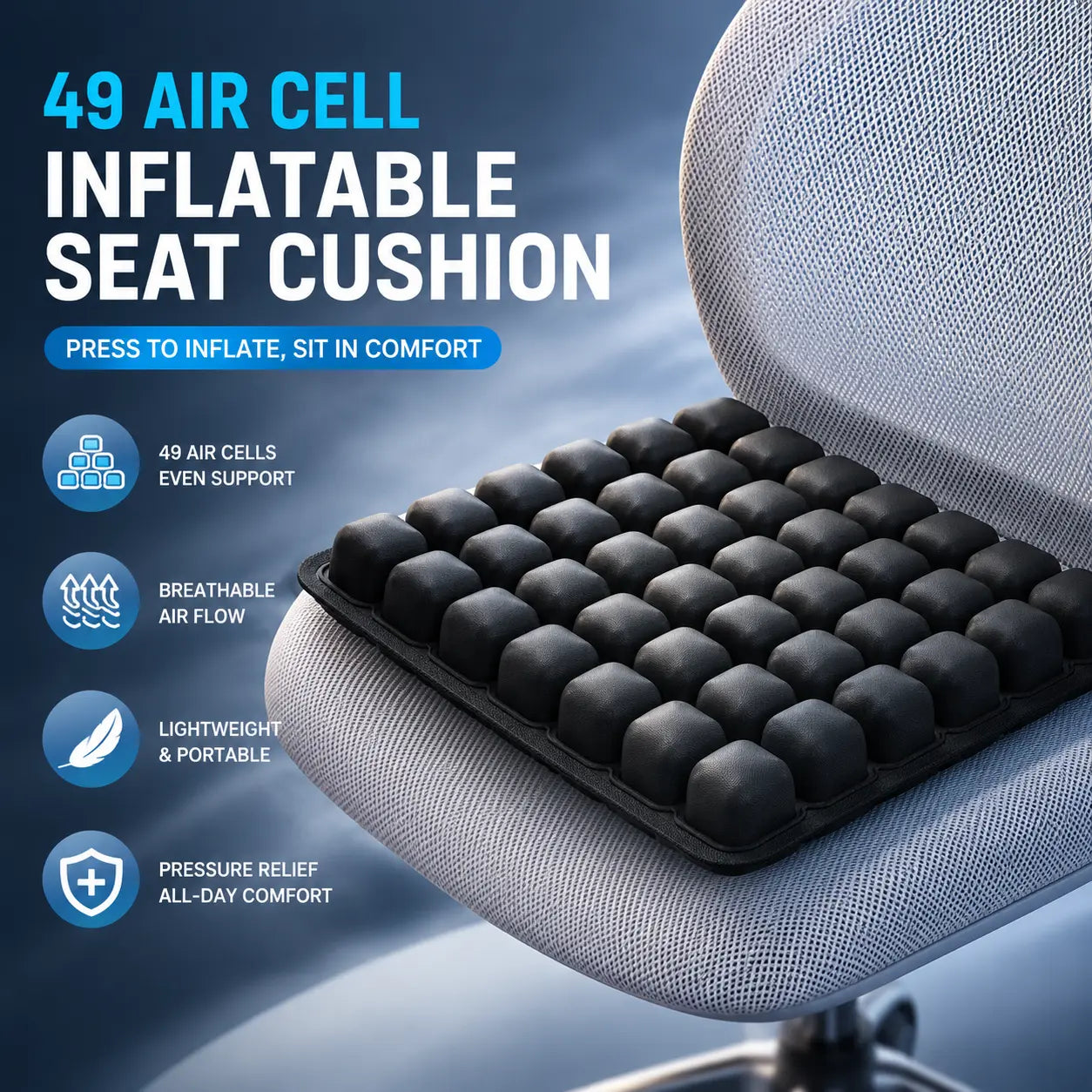 49 air cell inflatable seat cushion on ergonomic office chair – press to inflate, no pump needed