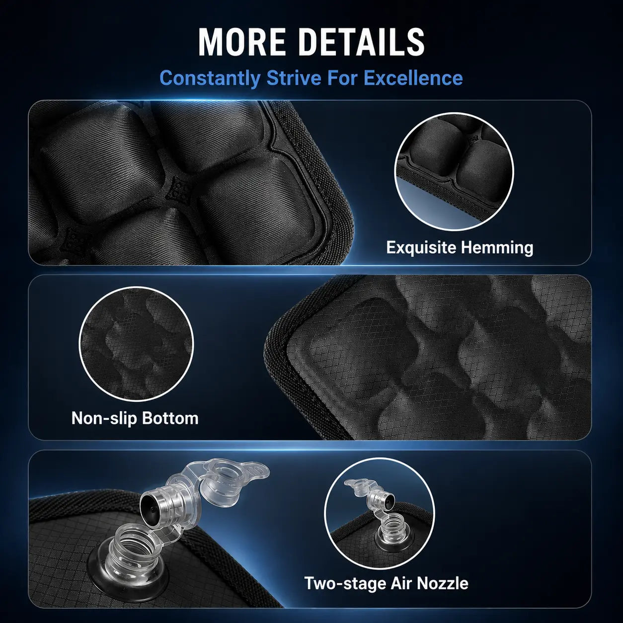 Close-up details of air seat cushion – hemmed edges, non-slip bottom and two-stage air nozzle