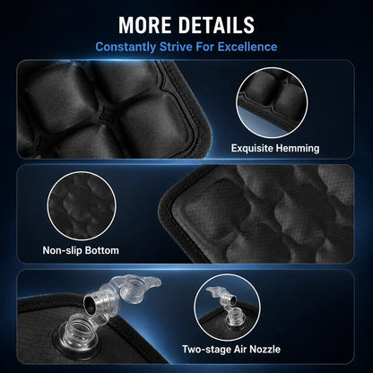 Close-up details of air seat cushion – hemmed edges, non-slip bottom and two-stage air nozzle
