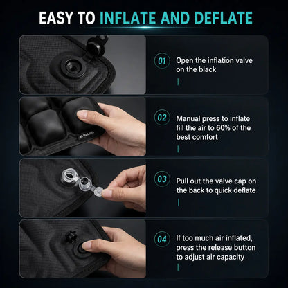 Four steps to inflate and deflate air seat cushion using press valve and release button