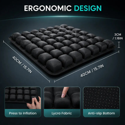 Ergonomic 3D inflatable seat cushion dimensions 40 x 40 x 3 cm with Lycra fabric and anti-slip bottom