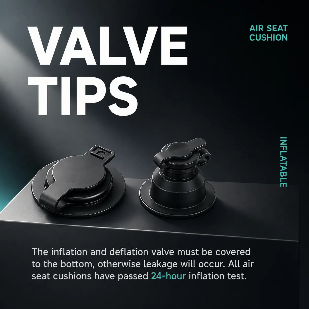 Two-stage air valve caps of inflatable seat cushion – passed 24-hour inflation test