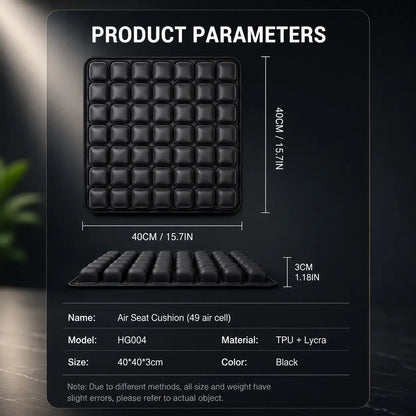 Air seat cushion product specifications – 49 air cells, TPU and Lycra, 40 x 40 x 3 cm, black