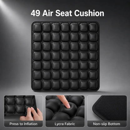 49 air cell inflatable seat cushion in black with press to inflate, Lycra fabric and non-slip bottom