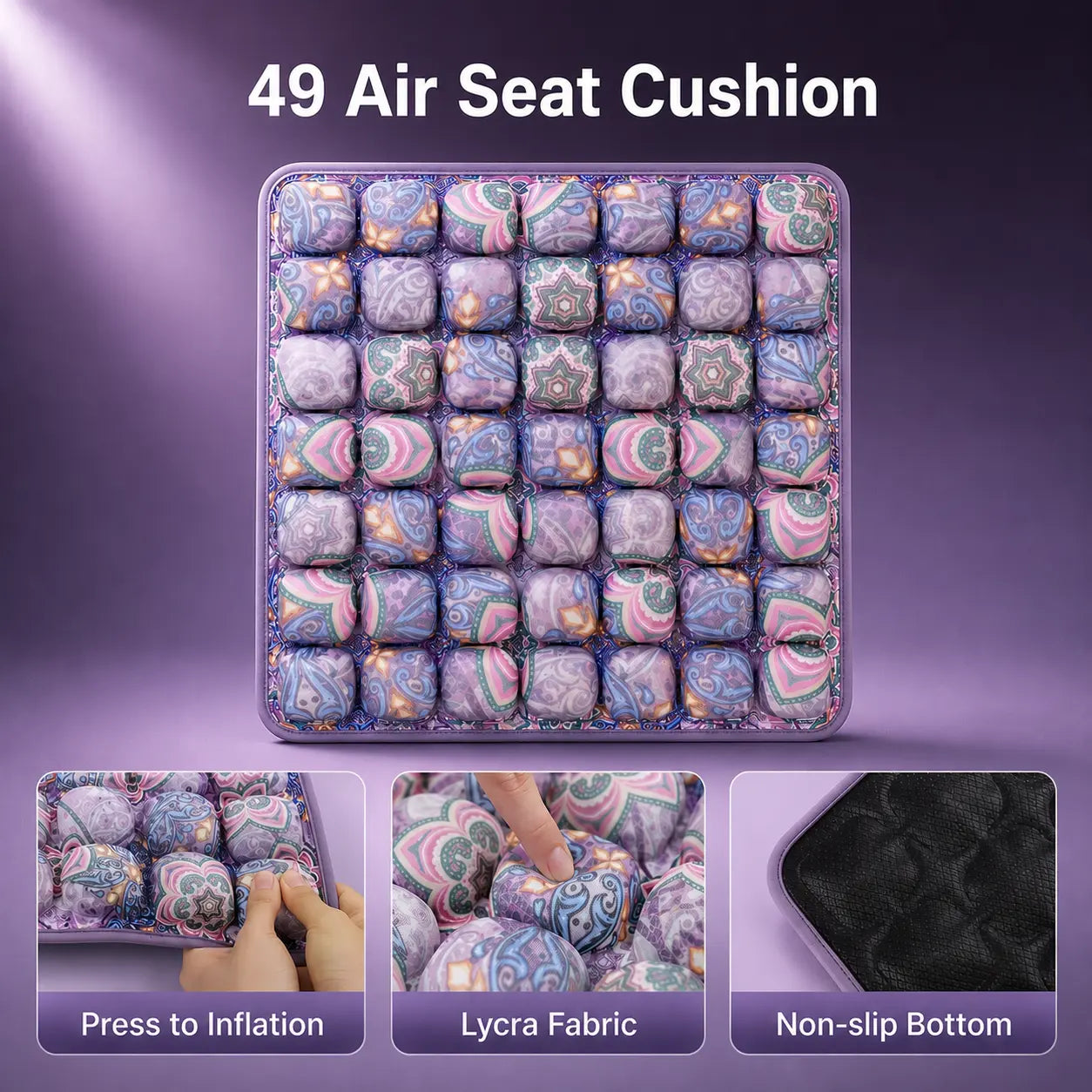 49 air cell inflatable seat cushion in purple paisley print with Lycra fabric and non-slip bottom