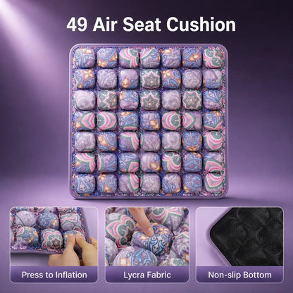 49 air cell inflatable seat cushion in purple paisley print with Lycra fabric and non-slip bottom