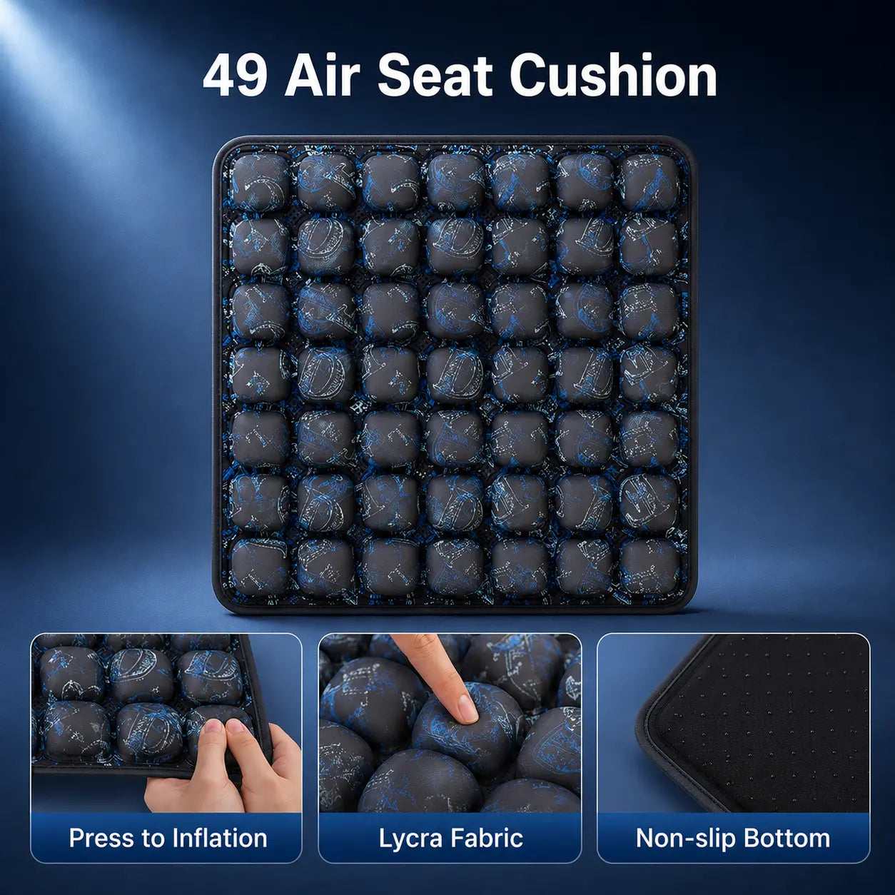 49 air cell inflatable seat cushion in blue constellation print with Lycra fabric and non-slip bottom