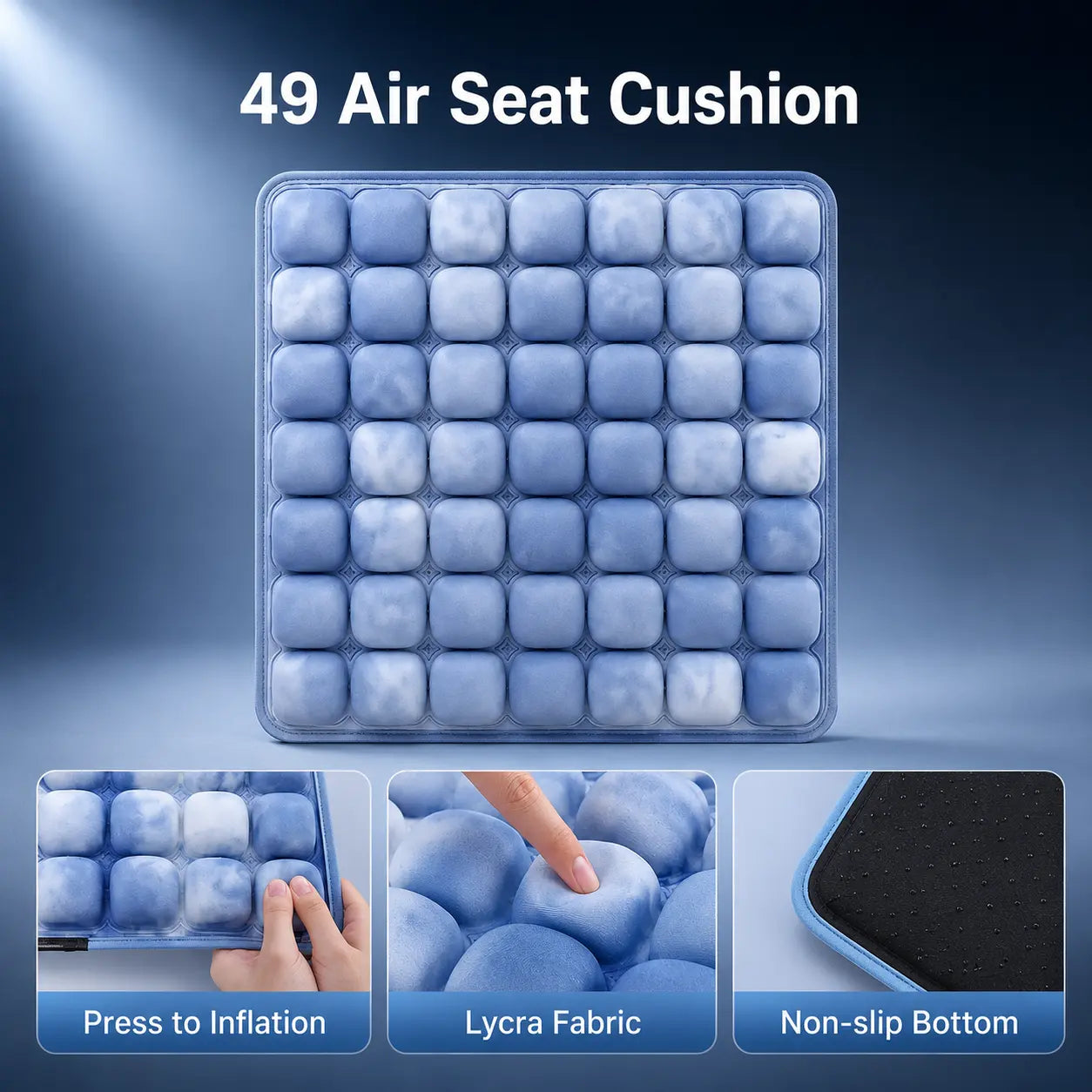 49 air cell inflatable seat cushion in blue tie-dye print with Lycra fabric and non-slip bottom