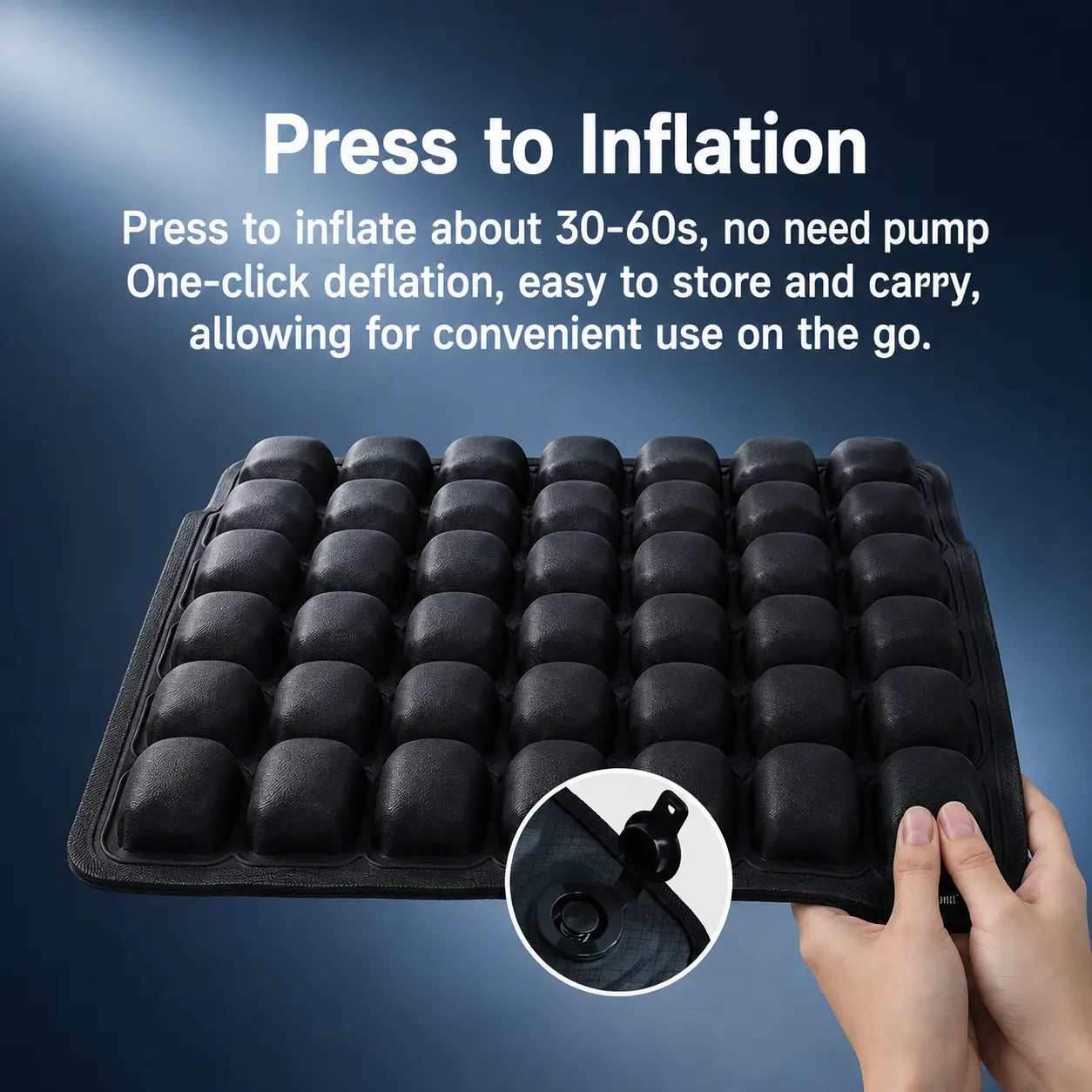 Hands holding inflatable seat cushion showing press-to-inflate valve – inflates in 30–60 seconds