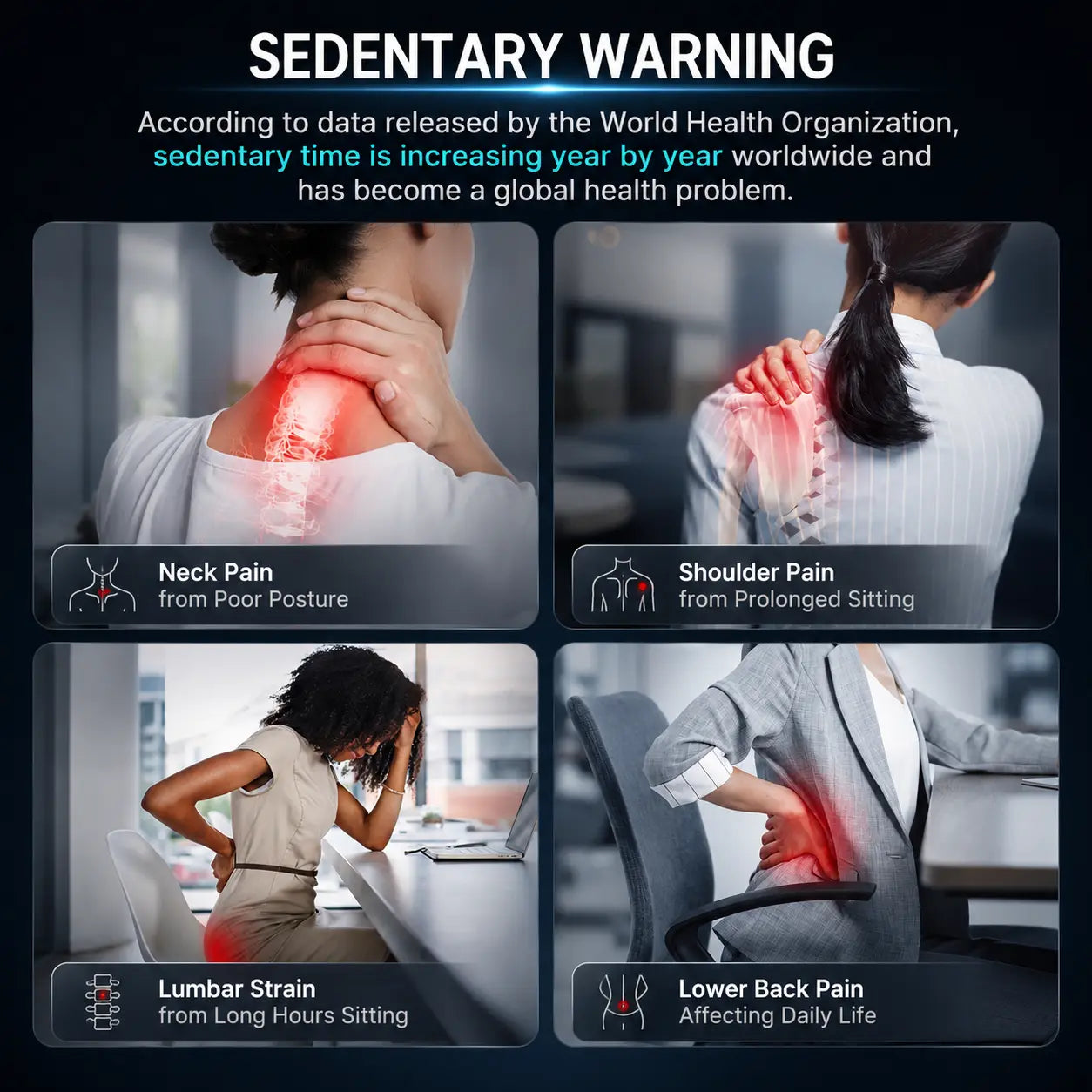 Sedentary lifestyle discomfort areas from prolonged sitting – neck, shoulder and lower back