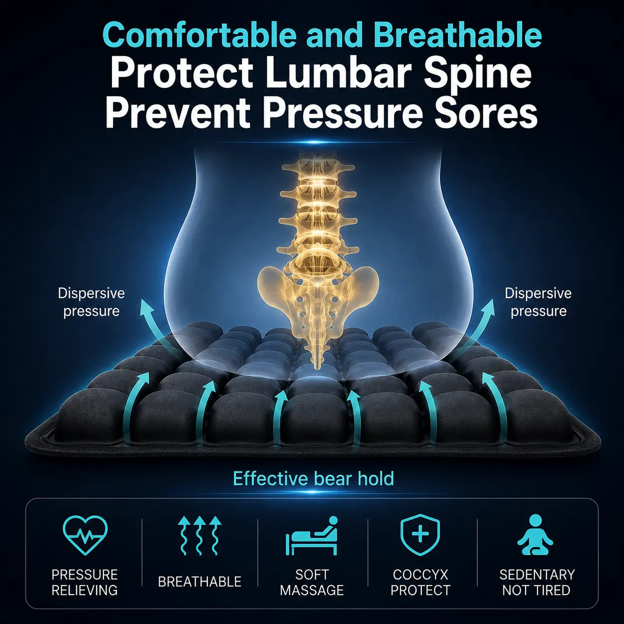 Air cushion dispersing seat pressure evenly to support hips and tailbone during long sitting