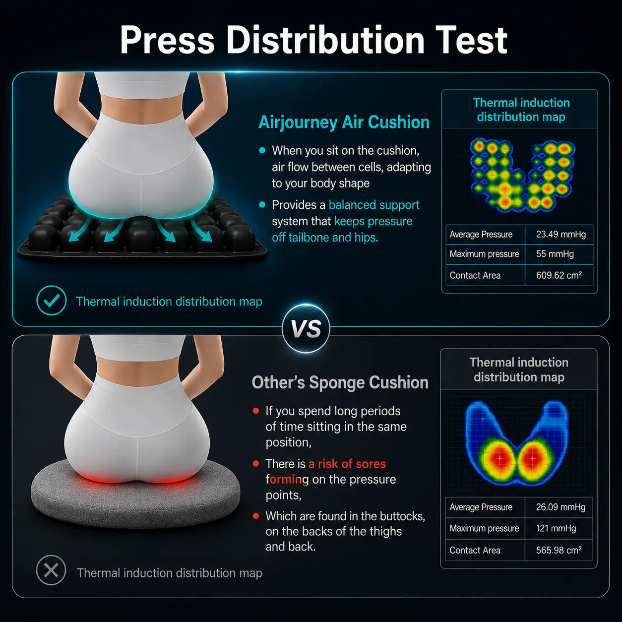 Pressure distribution test comparing air seat cushion vs sponge cushion with thermal maps