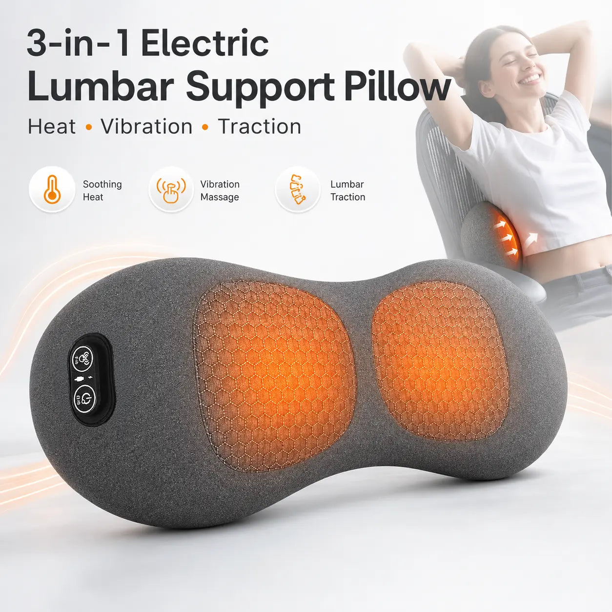 3-in-1 electric lumbar support pillow with heat, vibration, and traction massage for lower back pain relief