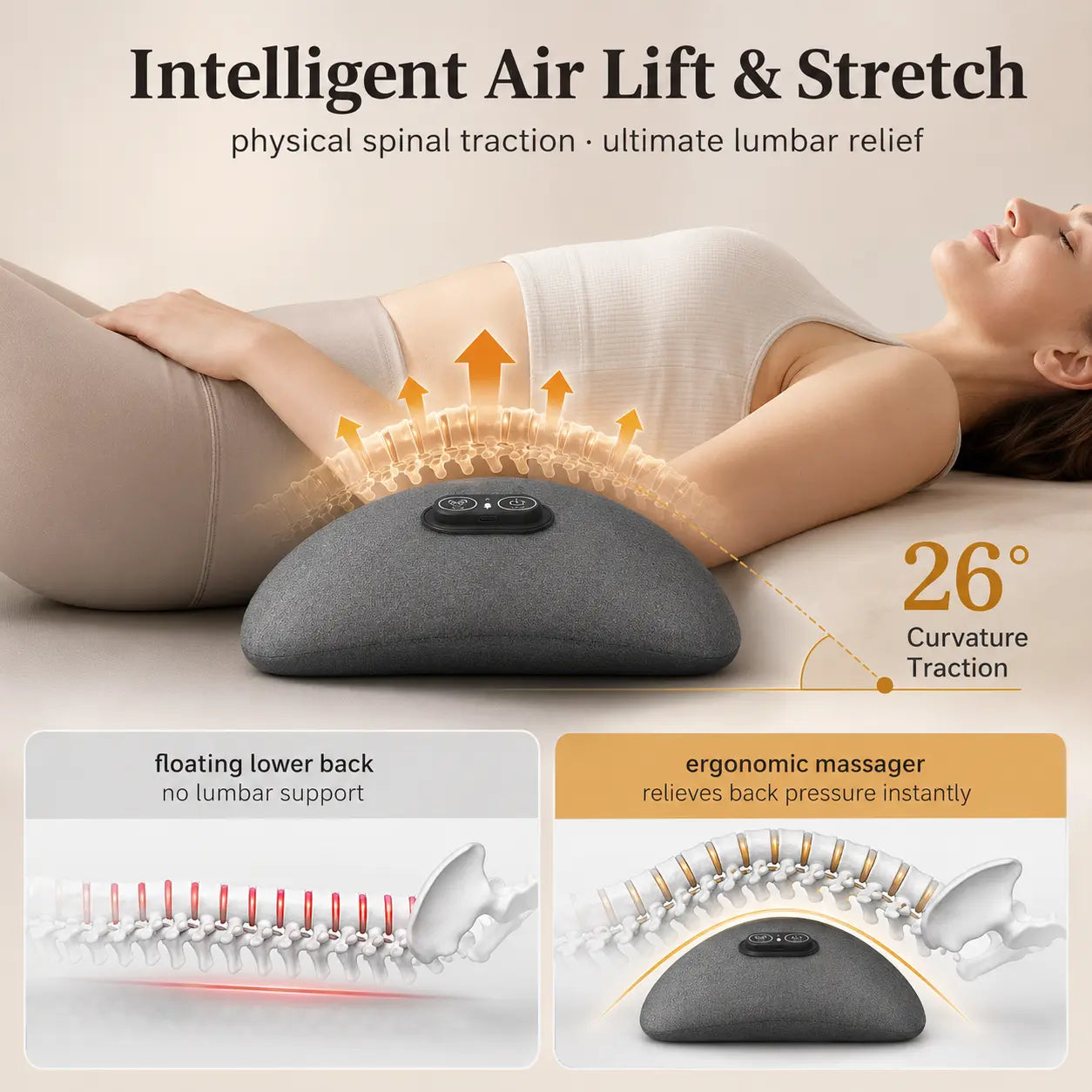 Lumbar traction pillow with intelligent air lift and stretch, 26-degree curvature for spinal decompression and back relief