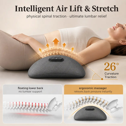 Lumbar traction pillow with intelligent air lift and stretch, 26-degree curvature for spinal decompression and back relief