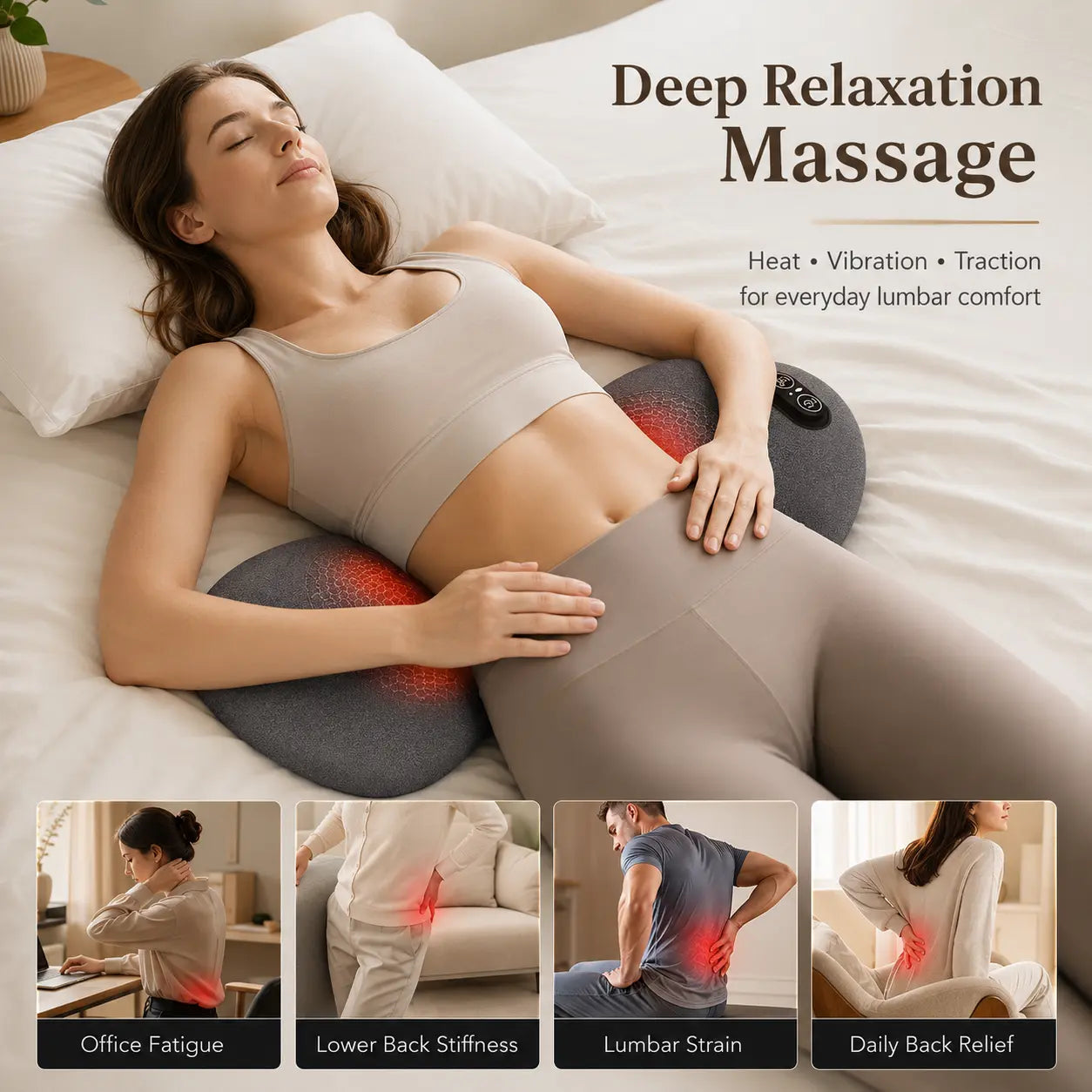 Heated lumbar massage pillow for deep relaxation, relieving office fatigue, lower back stiffness, and lumbar strain