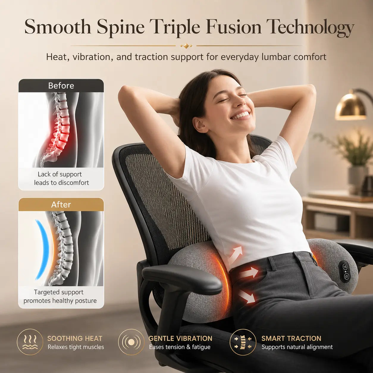 Ergonomic lumbar support cushion with soothing heat, gentle vibration, and smart traction for healthy posture in office chair