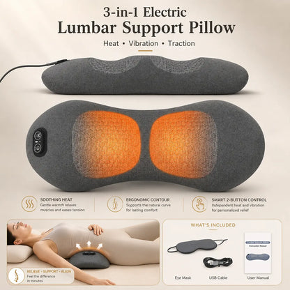 3-in-1 electric back massage pillow with heat and vibration, eye mask, USB cable, and user manual included
