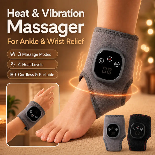 Heat and vibration ankle massager with 3 massage modes, 4 heat levels, cordless and portable, shown worn on ankle and wrist