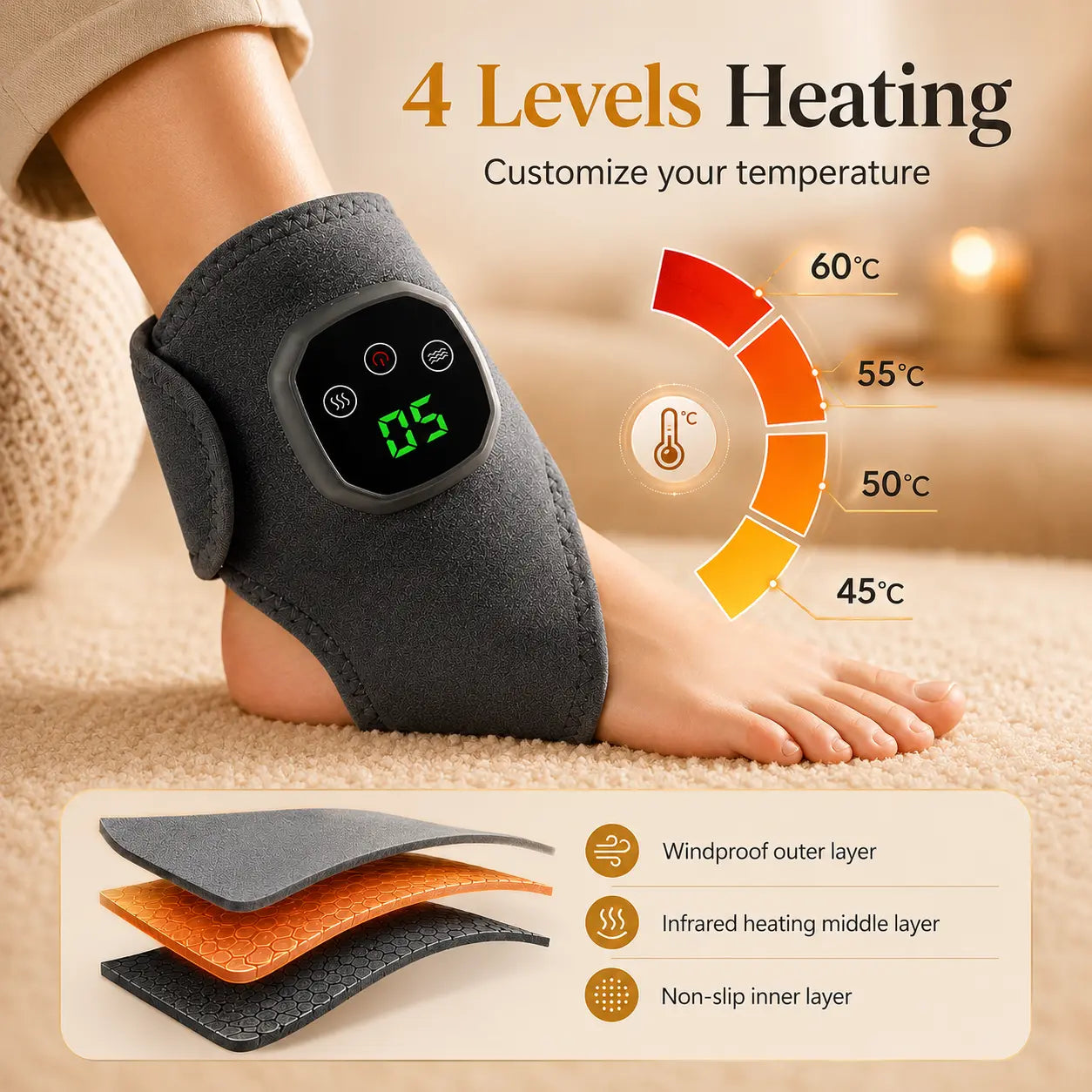 Heated ankle massager with 4 adjustable heat levels from 45°C to 60°C and infrared windproof non-slip layered design
