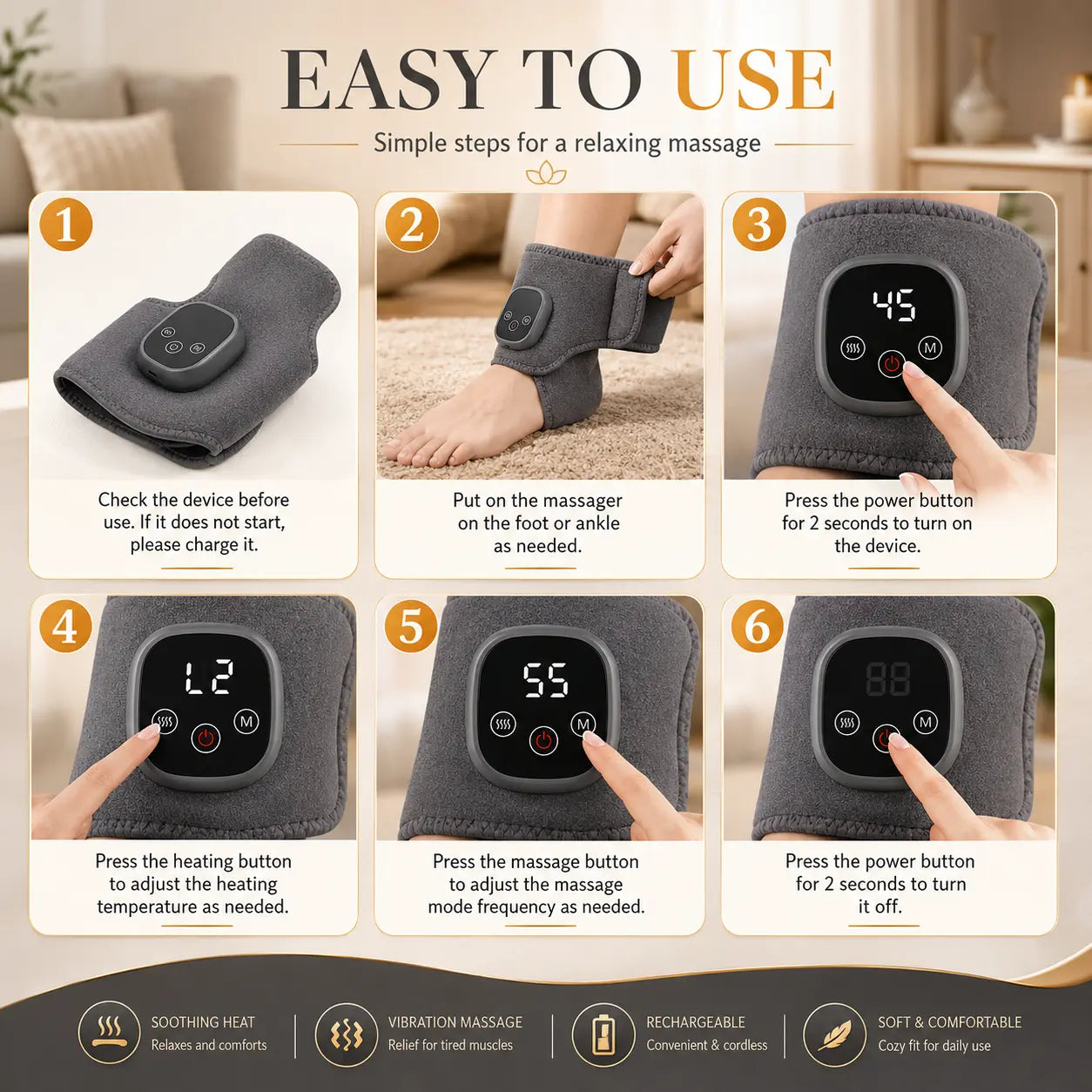Easy-to-use heated ankle massager instructions showing 6 steps to power on, adjust heat and set massage mode