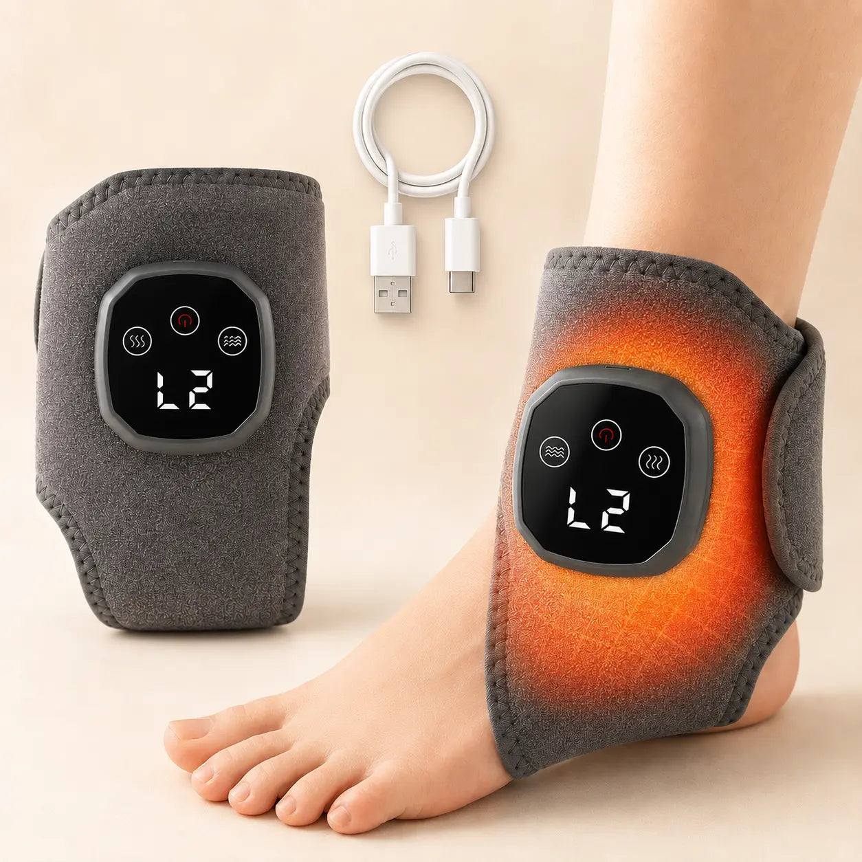 Heated vibration ankle massager wrap with LED display and USB Type-C charging cable, shown worn on foot