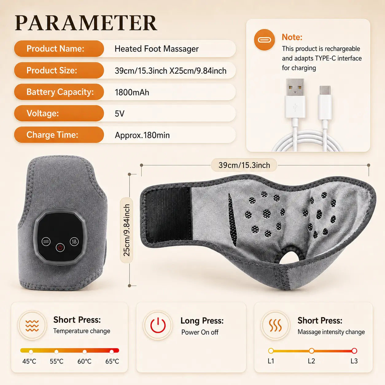 Heated foot and ankle massager specifications: 39x25cm size, 1800mAh battery, 5V, 180min charge, temperature 45–65°C