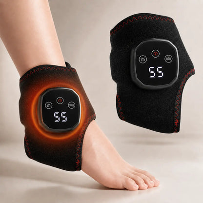 Black cordless heated ankle and wrist massager wrap with LED display, worn on the ankle