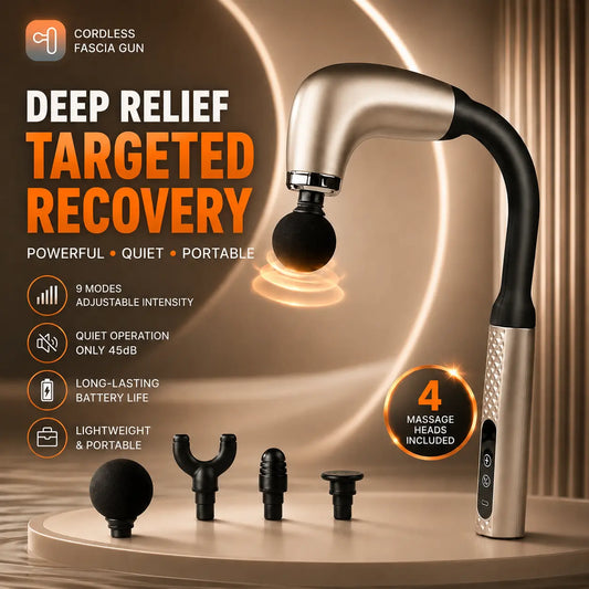 Cordless massage gun with 9 adjustable modes, 45dB quiet operation and 4 massage heads for deep muscle recovery