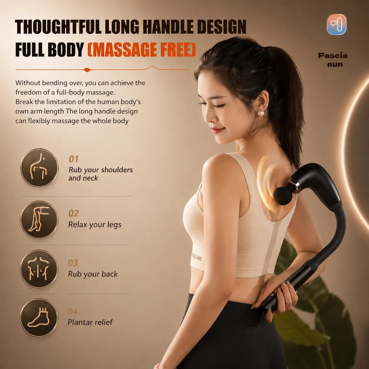 Woman using long handle massage gun to reach shoulders and back without bending, full body coverage design