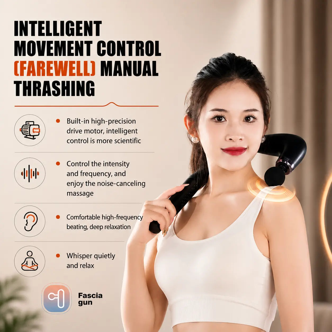 Woman relaxing neck and shoulder muscles with quiet massage gun featuring intelligent motor control