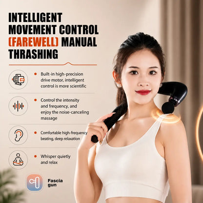 Woman relaxing neck and shoulder muscles with quiet massage gun featuring intelligent motor control