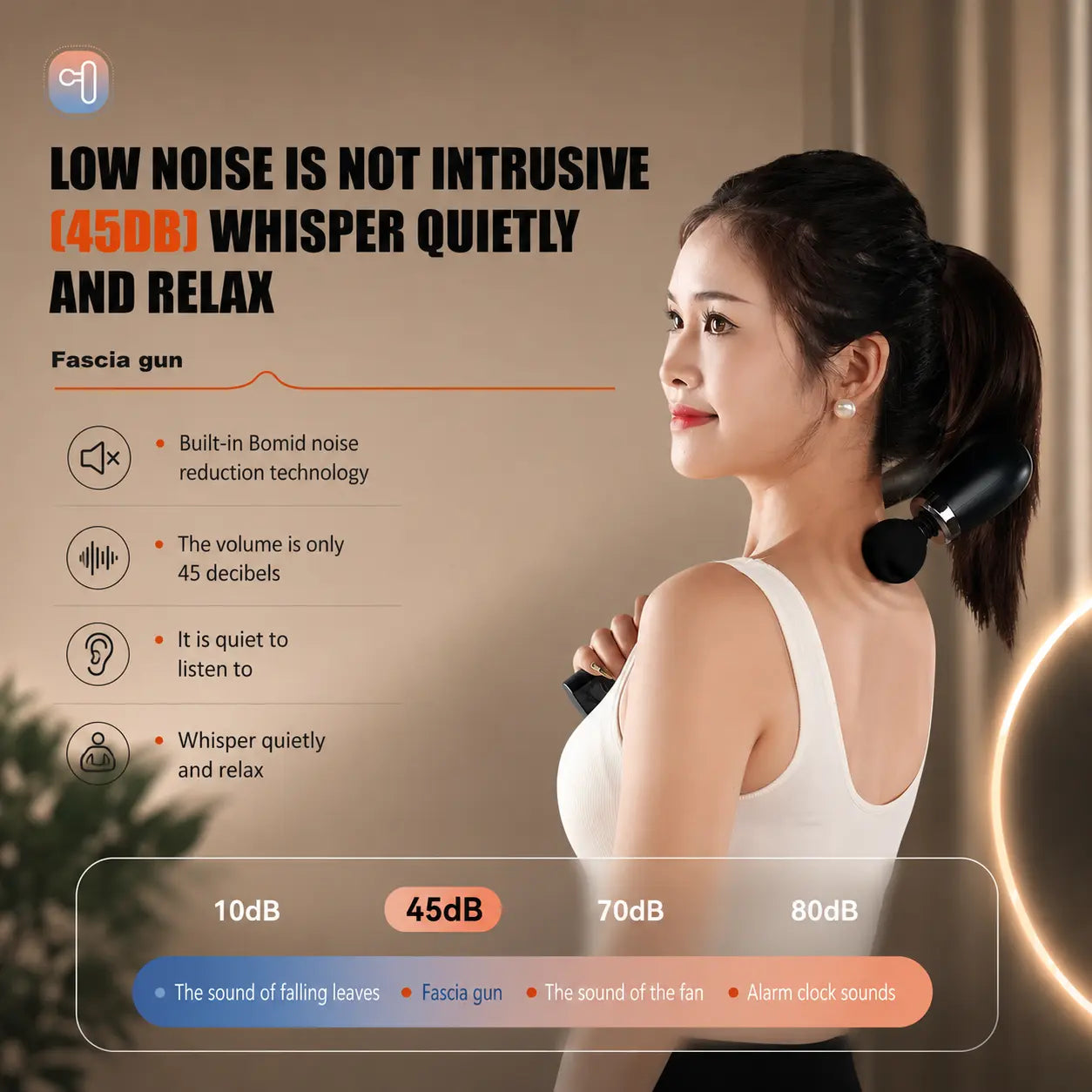 Low noise 45dB massage gun in use, quieter than a household fan thanks to built-in noise reduction