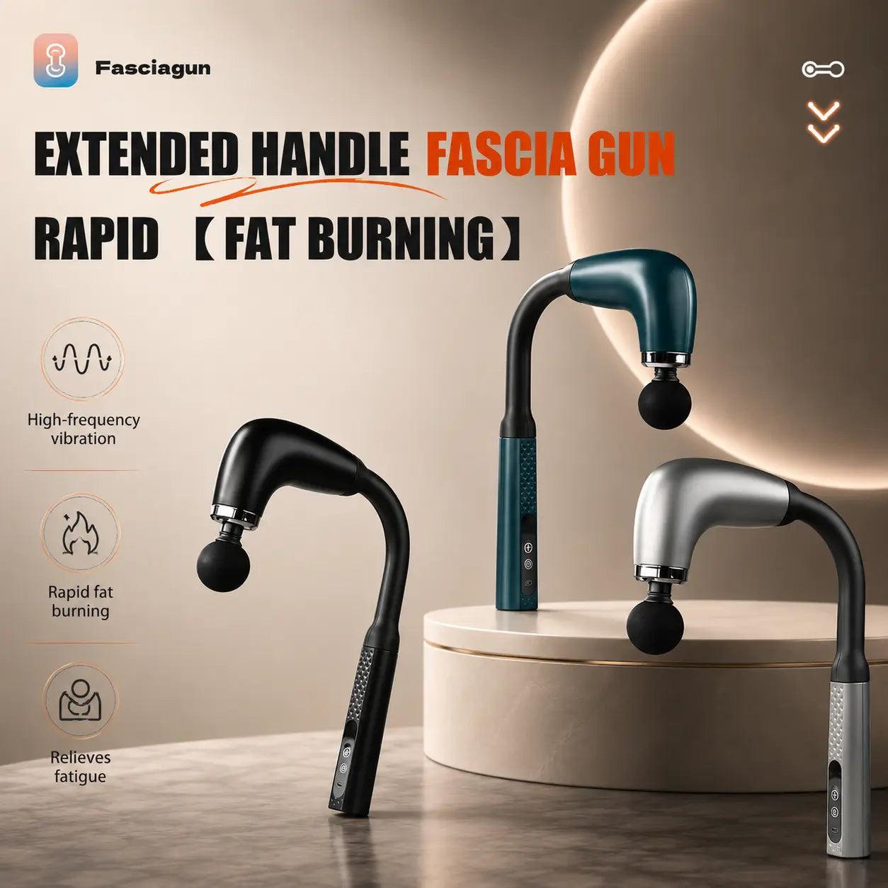 Extended handle massage gun in black, green and silver colours with high-frequency vibration for muscle fatigue