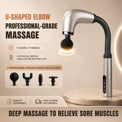 U-shaped elbow massage gun with 9 speed settings, long-lasting battery and 4 professional massage heads