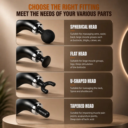 Four massage gun attachments: spherical head, flat head, U-shaped head and tapered head for different muscle groups