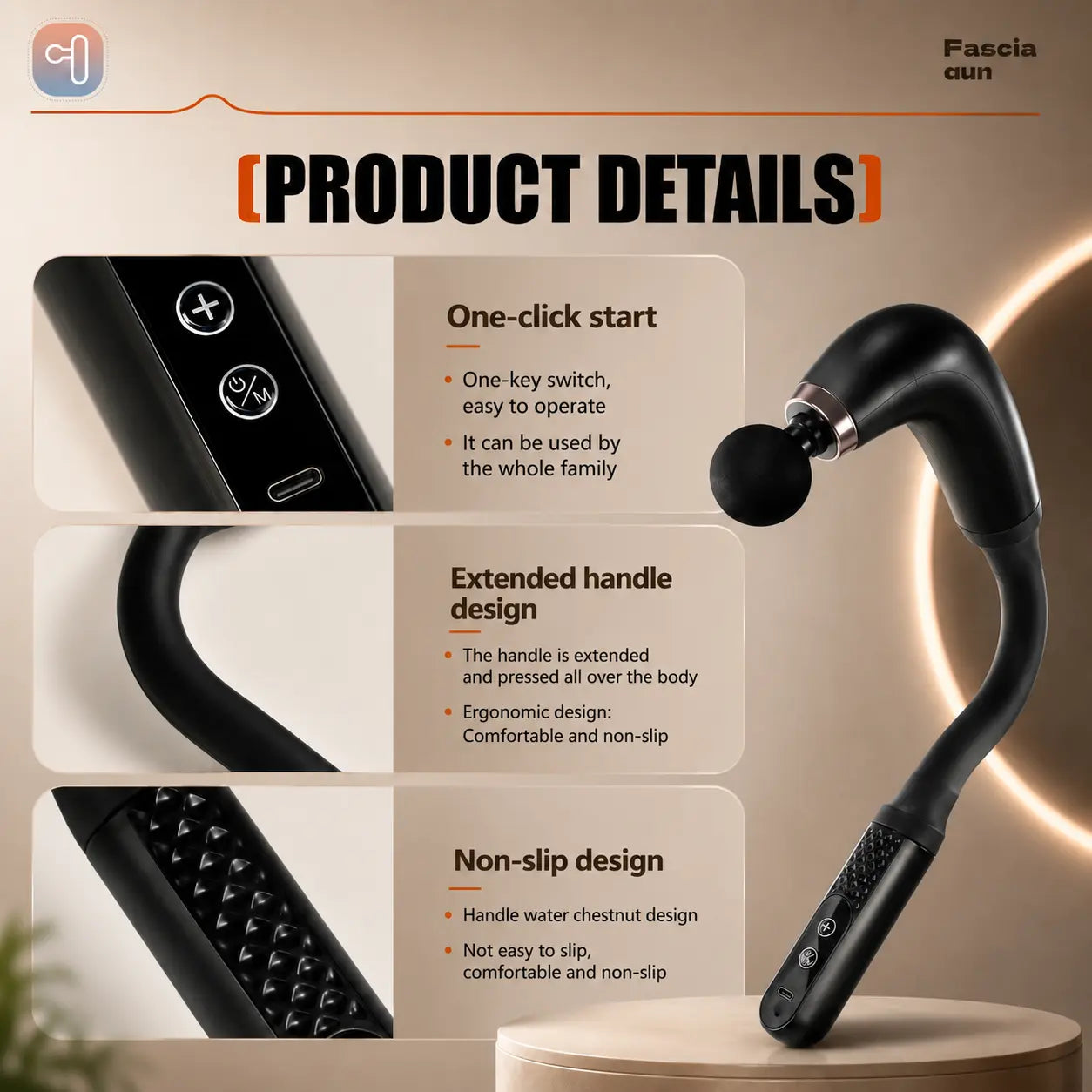 Massage gun product details showing one-click start buttons, USB-C port, extended handle and non-slip textured grip