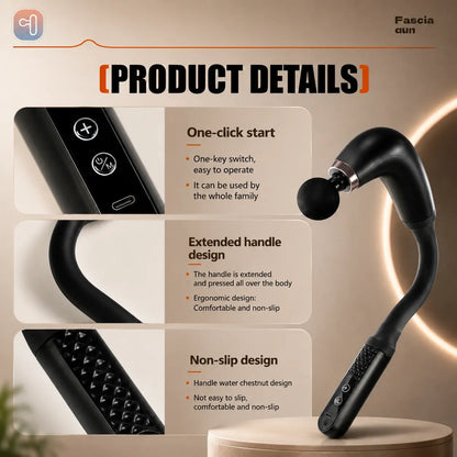 Massage gun product details showing one-click start buttons, USB-C port, extended handle and non-slip textured grip
