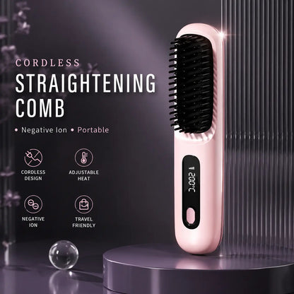 Pink cordless hair straightening comb with negative ion care, adjustable heat and LCD temperature display