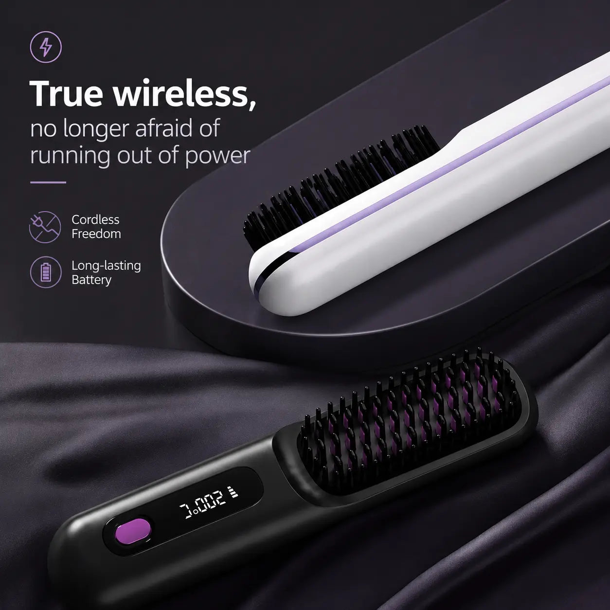 Cordless straightening combs in white and black with long-lasting rechargeable battery for travel styling