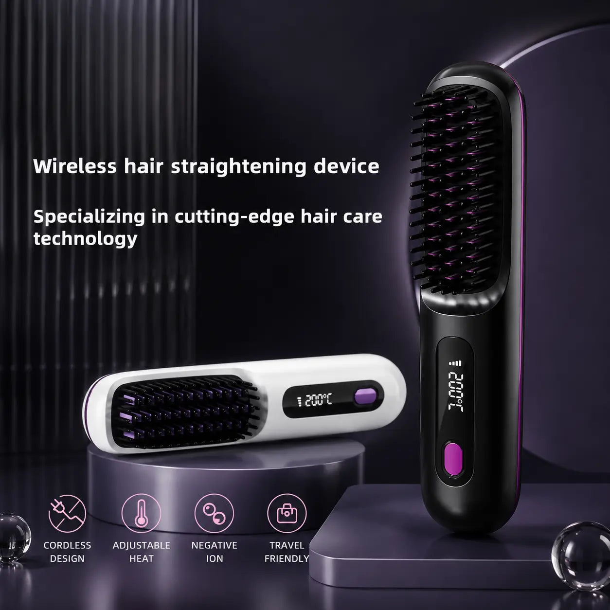 Wireless hair straightener brush in black and white with adjustable heat, negative ion and LCD display