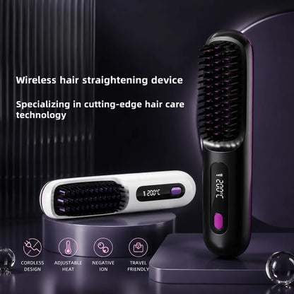 Wireless hair straightener brush in black and white with adjustable heat, negative ion and LCD display