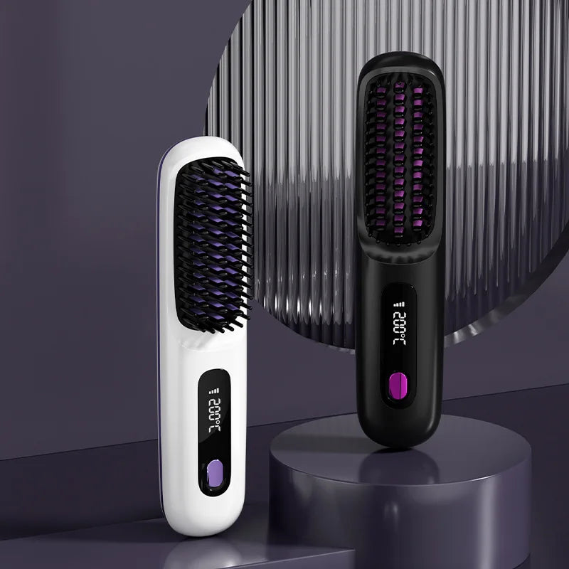 Portable heated straightening combs in white and black standing upright showing anti-scald bristles