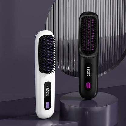 Portable heated straightening combs in white and black standing upright showing anti-scald bristles