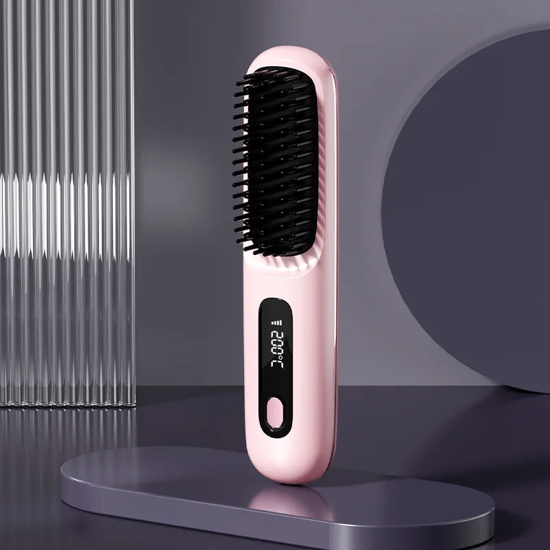 Pink portable hair straightener comb with digital LCD temperature display and heated bristles
