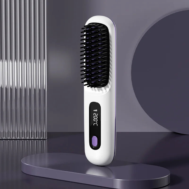 White cordless straightening brush with purple accents, one-button control and LCD heat display