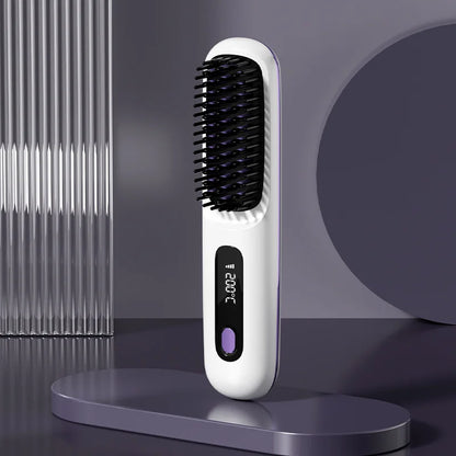 White cordless straightening brush with purple accents, one-button control and LCD heat display